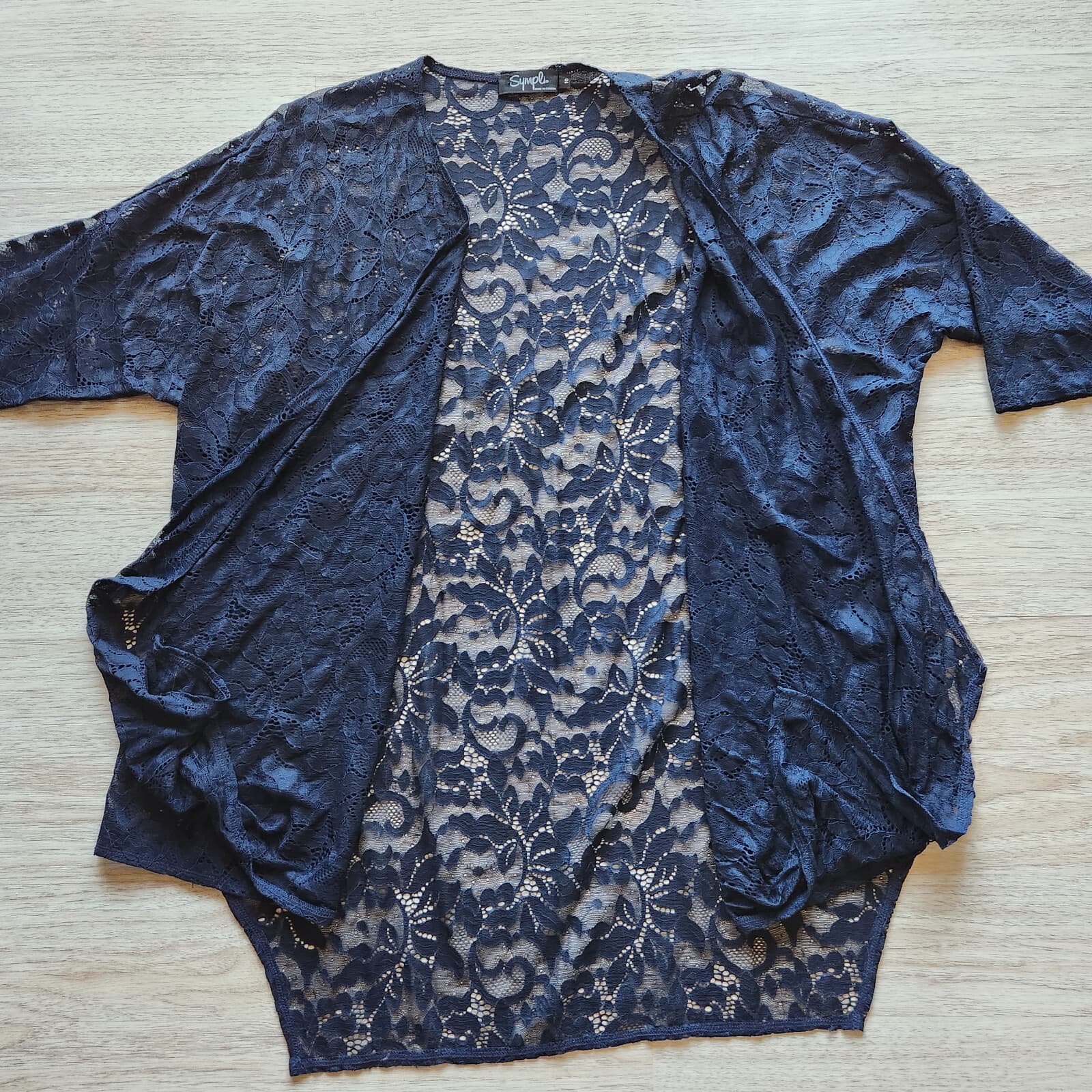Sympli Floral Lace Draped Open Topper Cardigan Short Sleeve Navy Blue Women 10 - Thumbnail 6