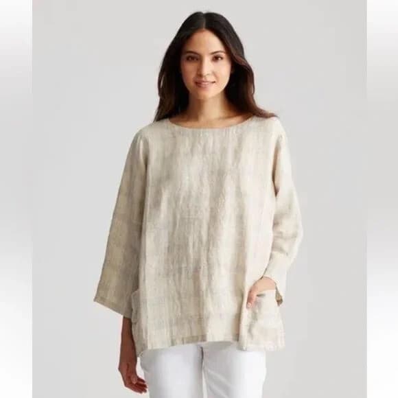 EILEEN FISHER Catalan Organic Linen Blouse 3/4 Sleeve Pocket Beige Plaid Sz.S - Thumbnail 2
