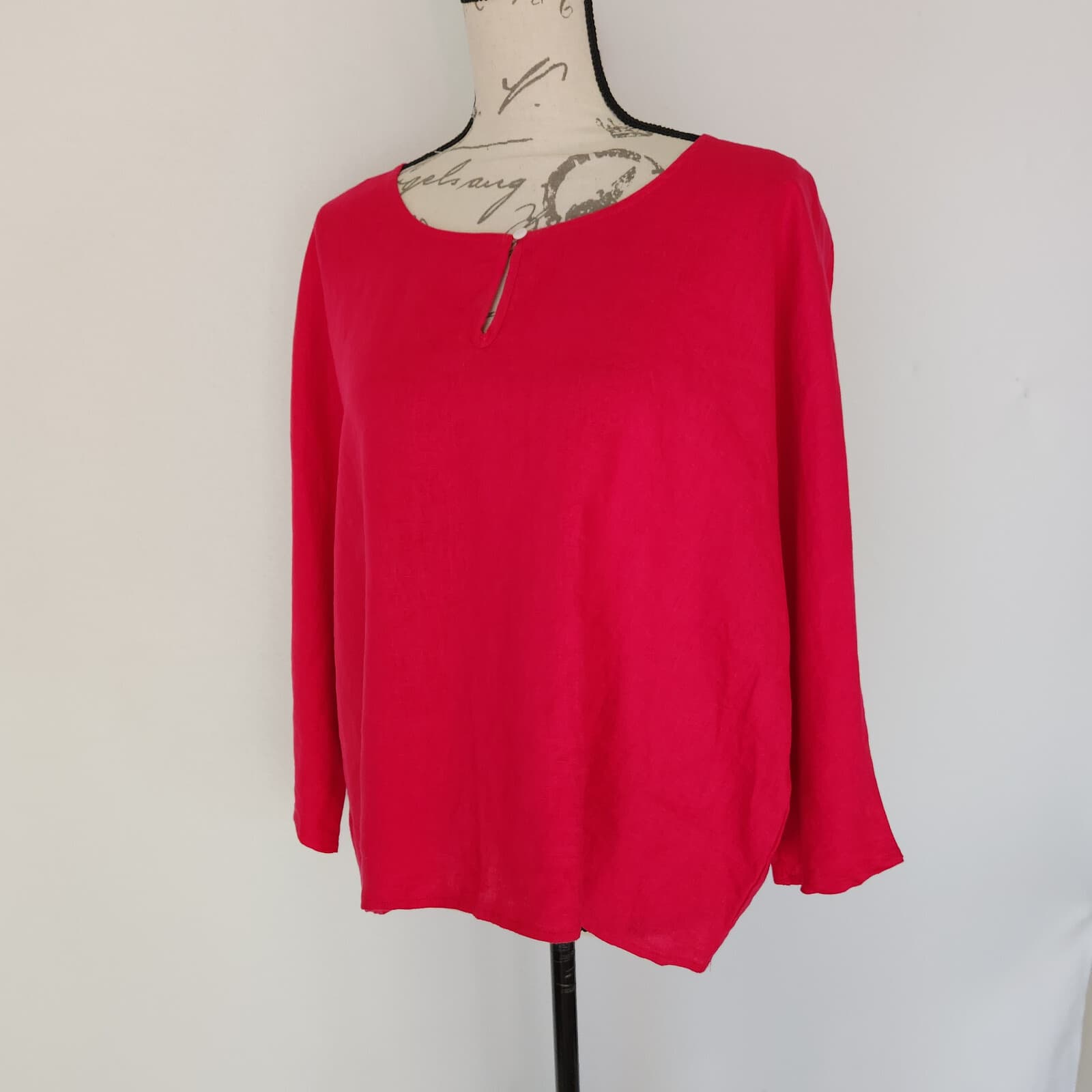 For Cynthia 100% Linen Key-Hole Top Drop Shoulder 3/4 Sleeve Pink Women's M - Thumbnail 3