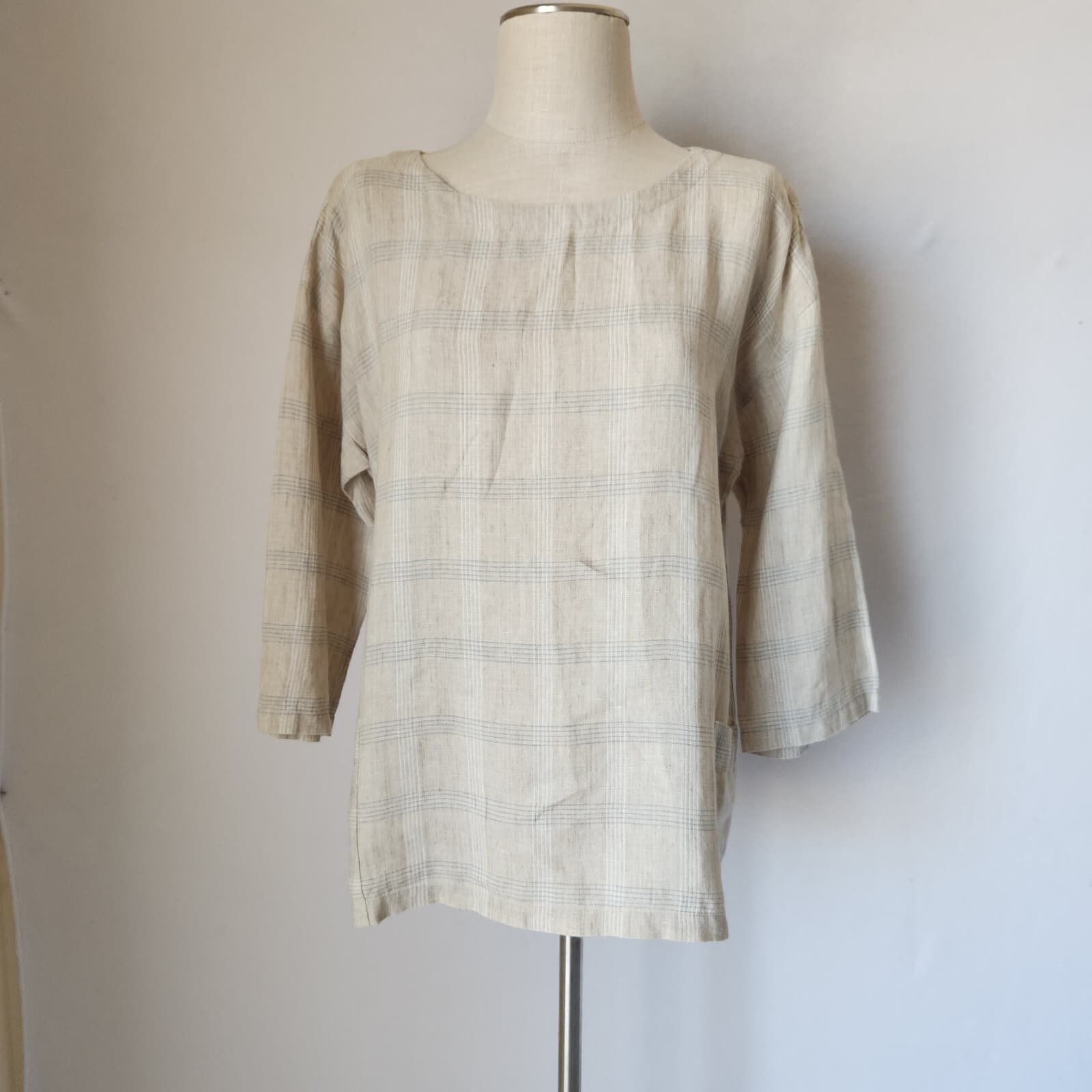EILEEN FISHER Catalan Organic Linen Blouse 3/4 Sleeve Pocket Beige Plaid Sz.S - Thumbnail 3
