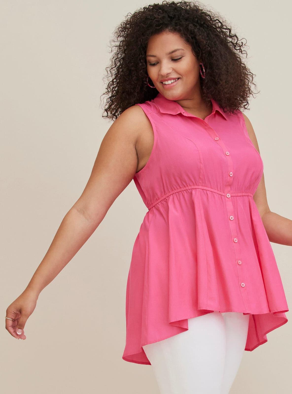Torrid Babydoll Poplin Button-Front Hi-Low Shirt Sleeveless Pink Women's 1 (1X) - Thumbnail 3