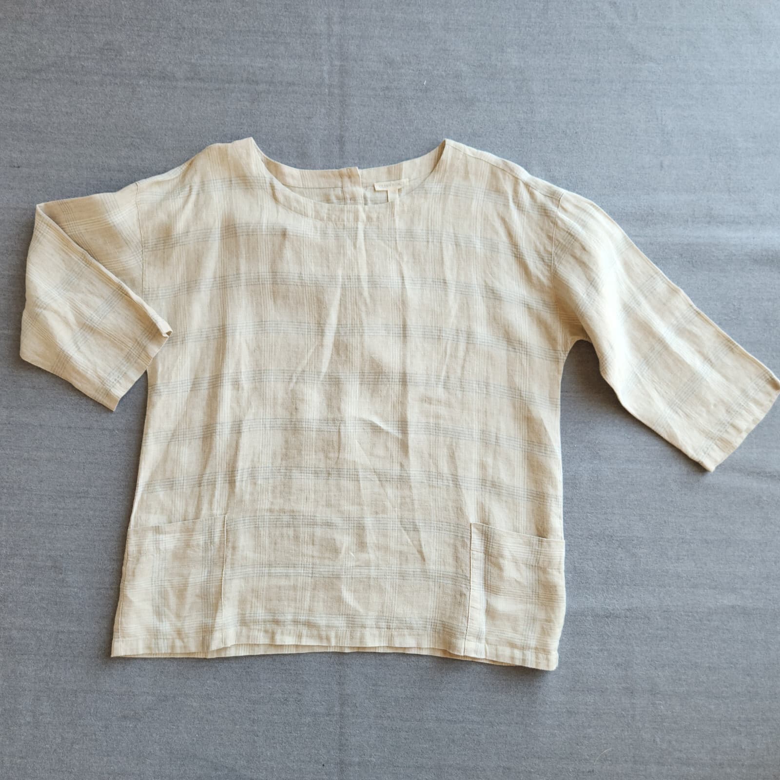 EILEEN FISHER Catalan Organic Linen Blouse 3/4 Sleeve Pocket Beige Plaid Sz.S - Thumbnail 5
