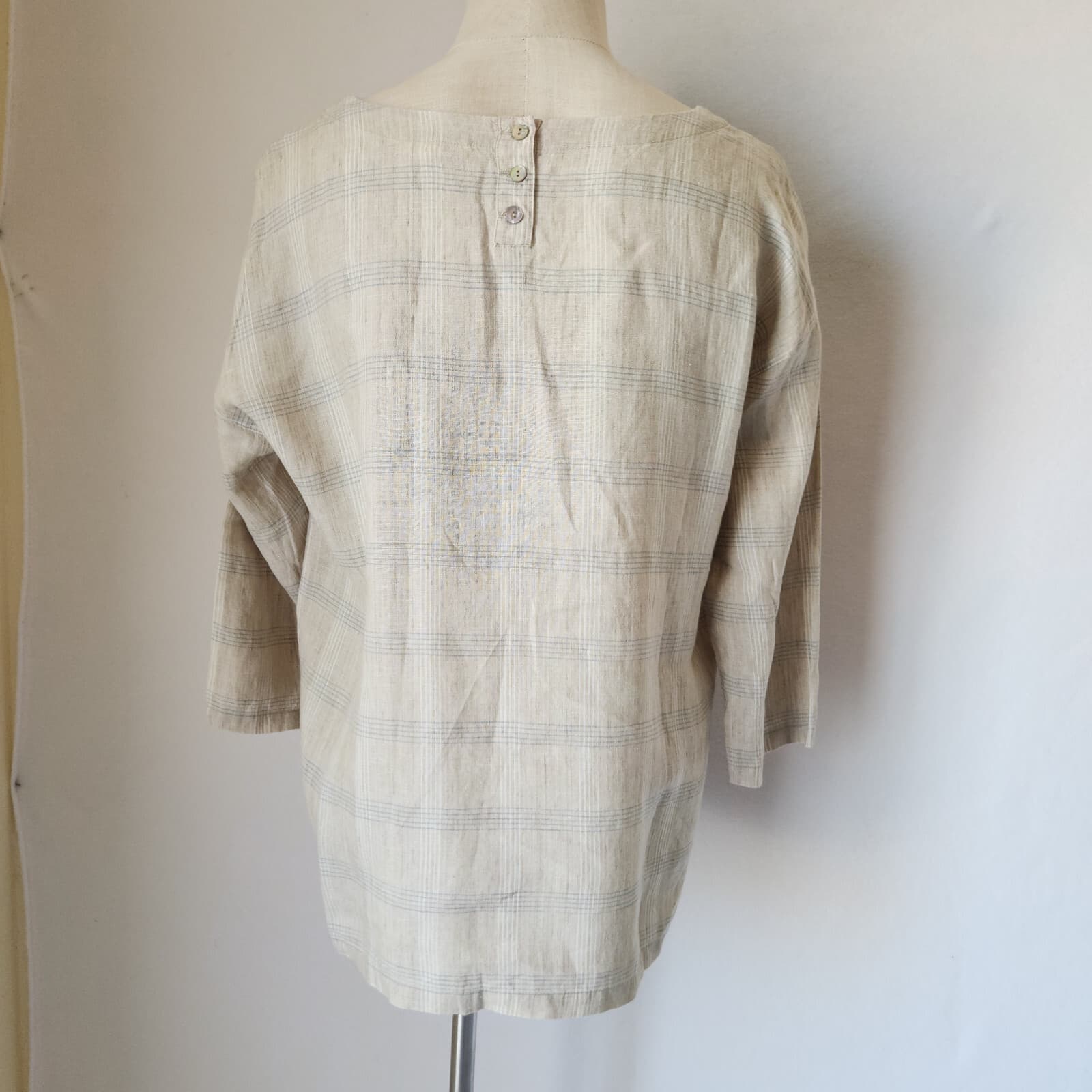 EILEEN FISHER Catalan Organic Linen Blouse 3/4 Sleeve Pocket Beige Plaid Sz.S - Thumbnail 6