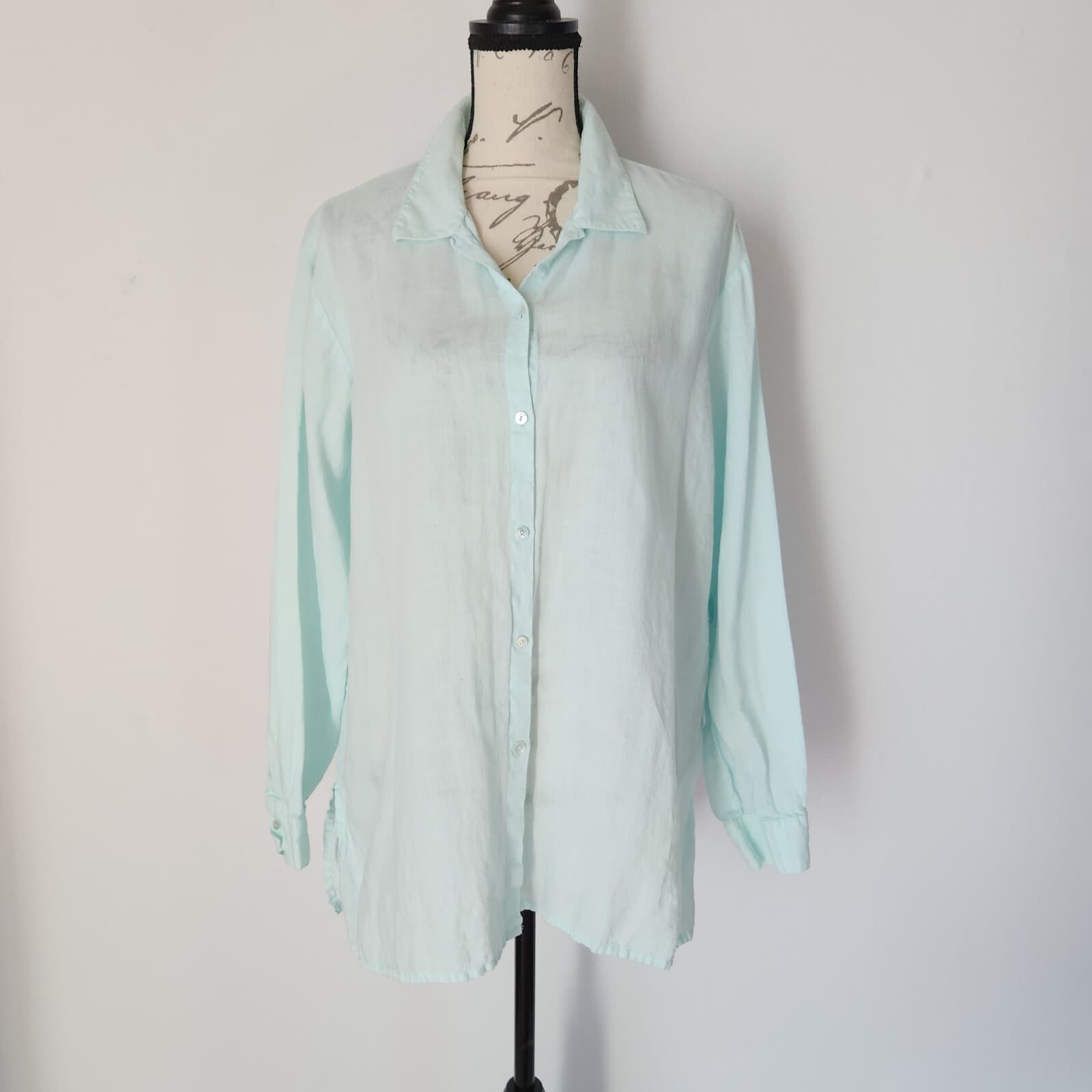 EILEEN FISHER 100% Linen Tunic Shirt Button-Down Long Sleeve Pale Green Womens L - Thumbnail 2