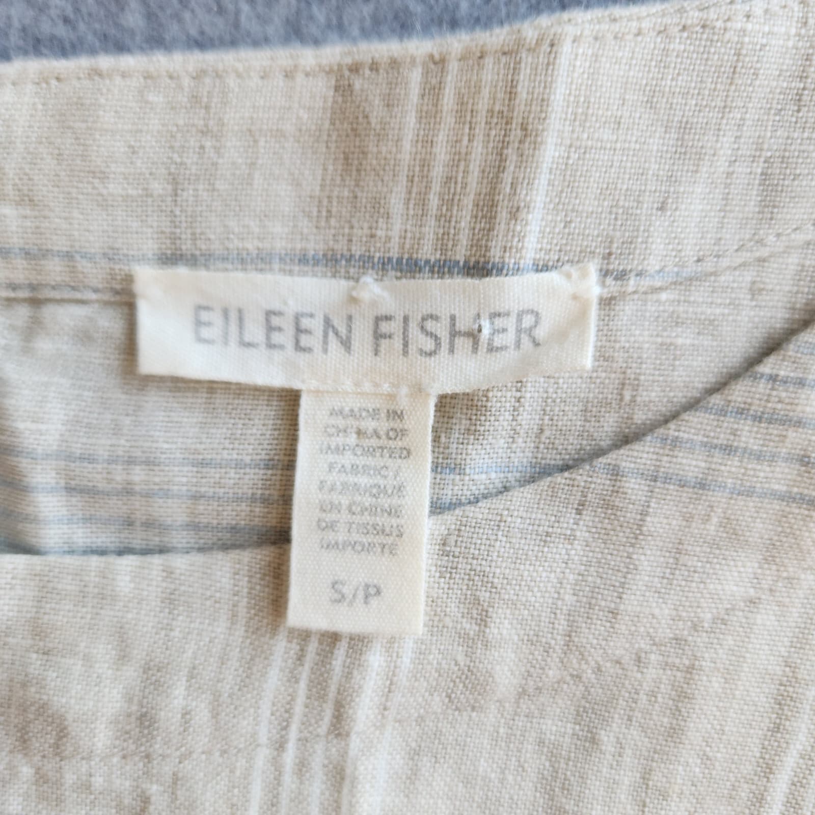 EILEEN FISHER Catalan Organic Linen Blouse 3/4 Sleeve Pocket Beige Plaid Sz.S - Thumbnail 9