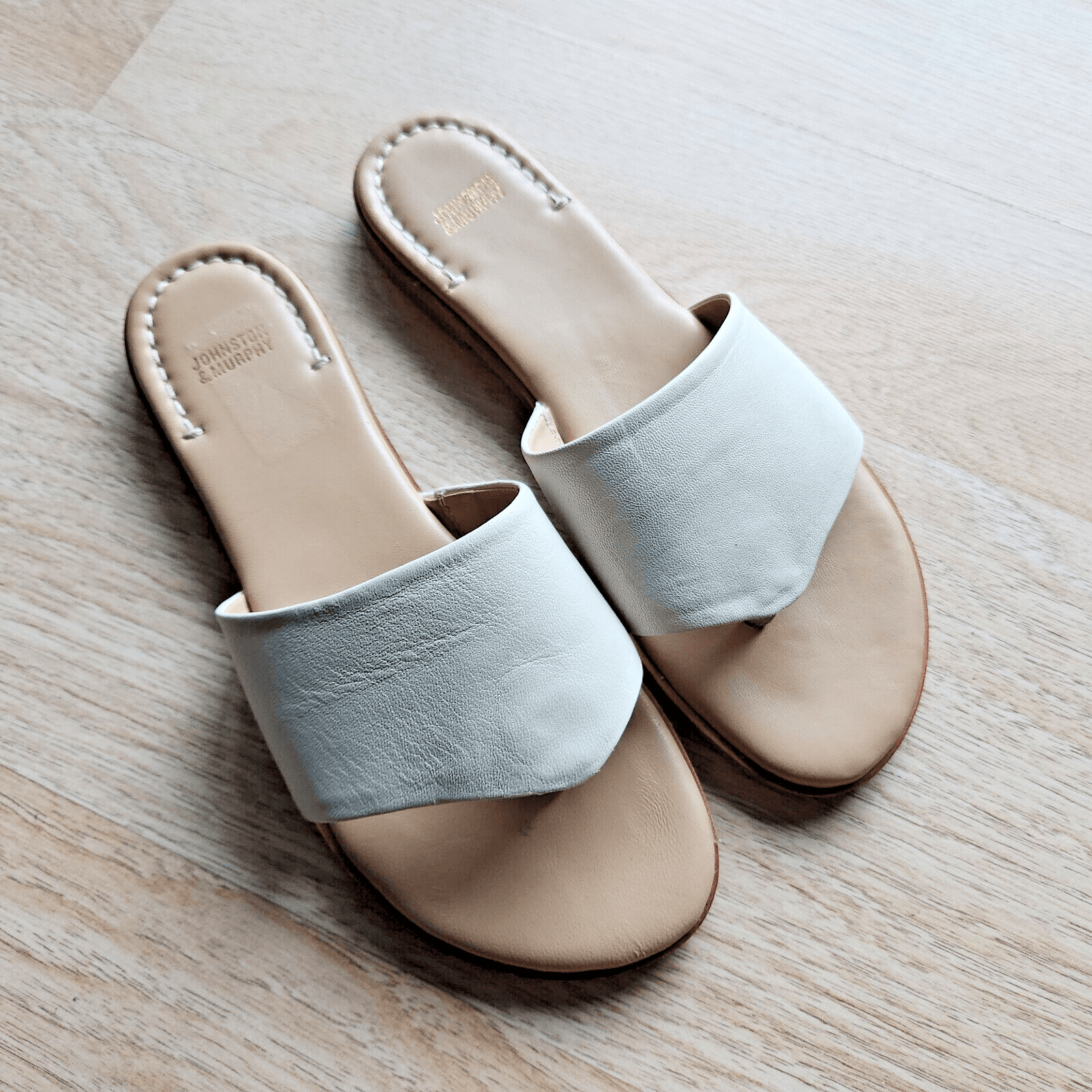 Johnston & Murphy Leather Flat Sandal Thong Cushion Ivory-Beige Women US8M - Thumbnail 3
