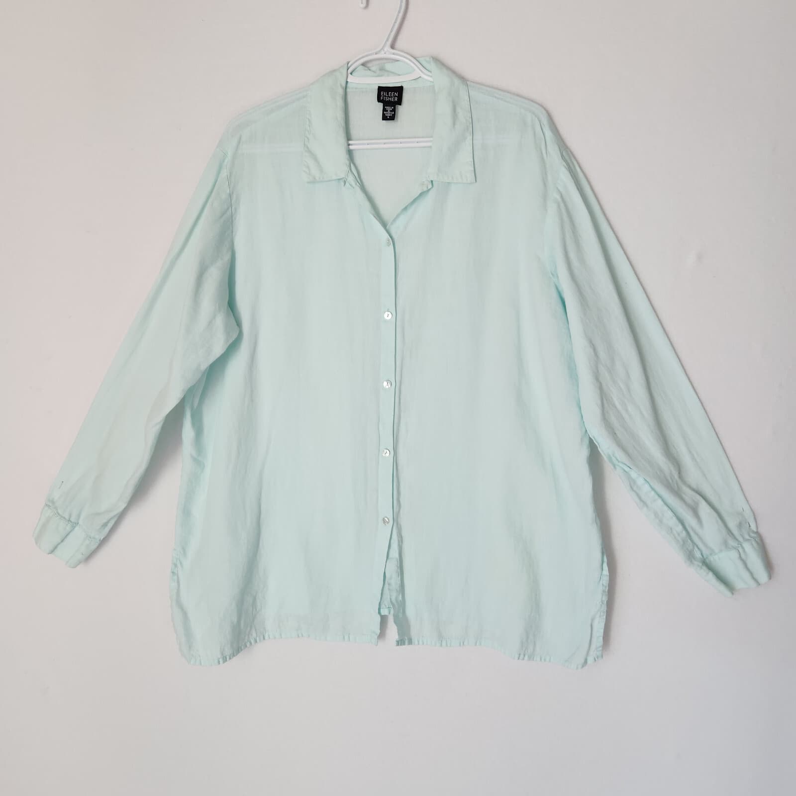 EILEEN FISHER 100% Linen Tunic Shirt Button-Down Long Sleeve Pale Green Womens L - Thumbnail 3