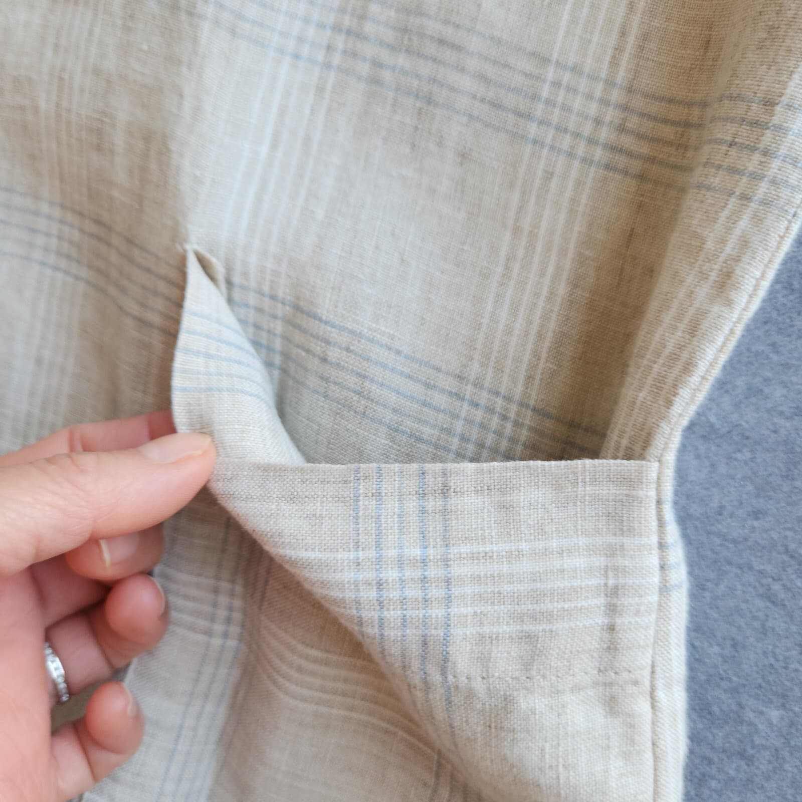 EILEEN FISHER Catalan Organic Linen Blouse 3/4 Sleeve Pocket Beige Plaid Sz.S - Thumbnail 8