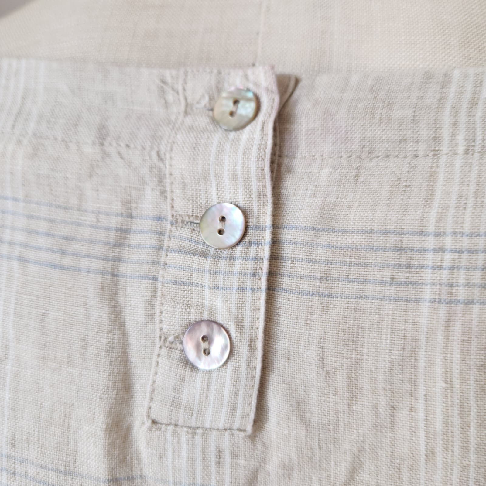 EILEEN FISHER Catalan Organic Linen Blouse 3/4 Sleeve Pocket Beige Plaid Sz.S - Thumbnail 7
