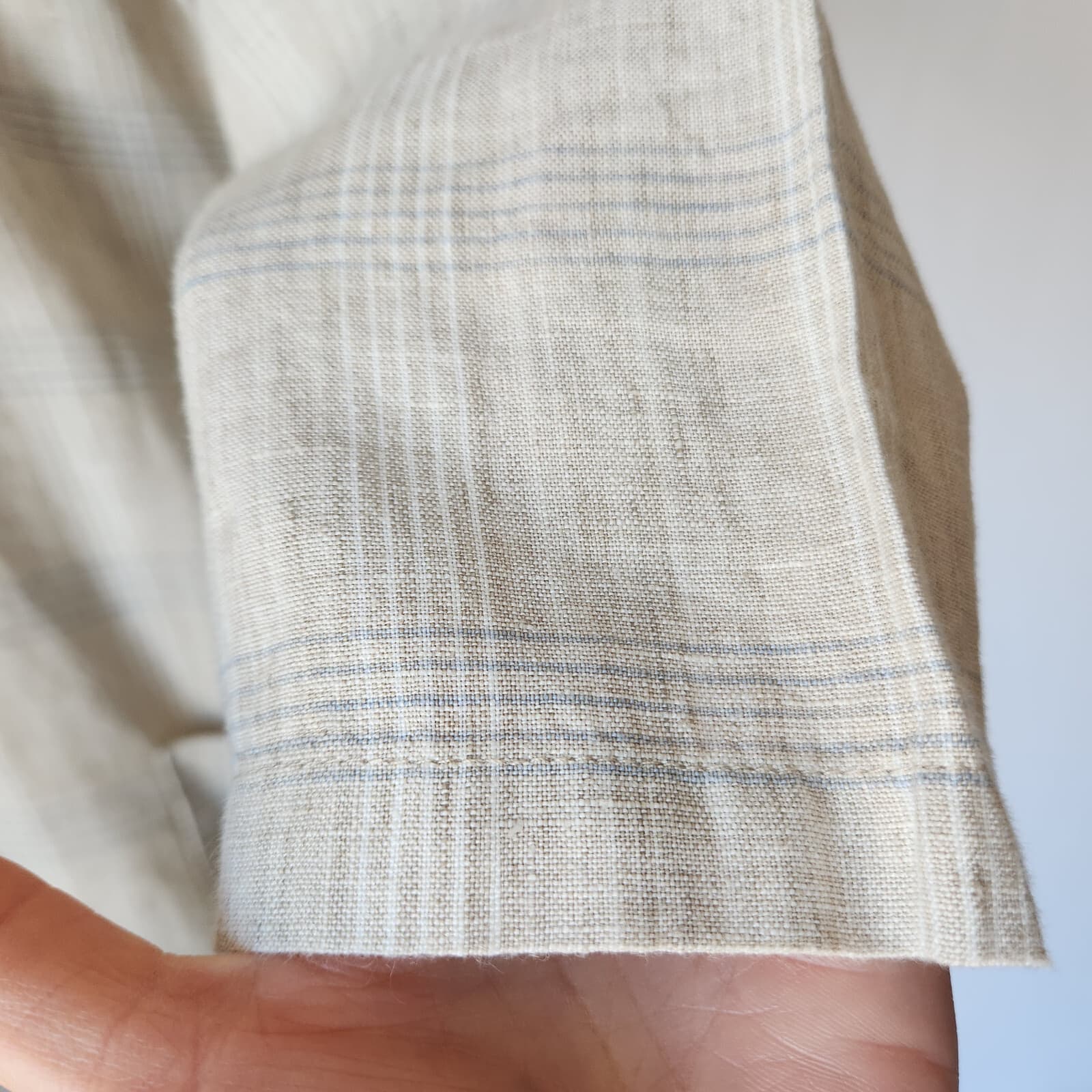 EILEEN FISHER Catalan Organic Linen Blouse 3/4 Sleeve Pocket Beige Plaid Sz.S - Thumbnail 4