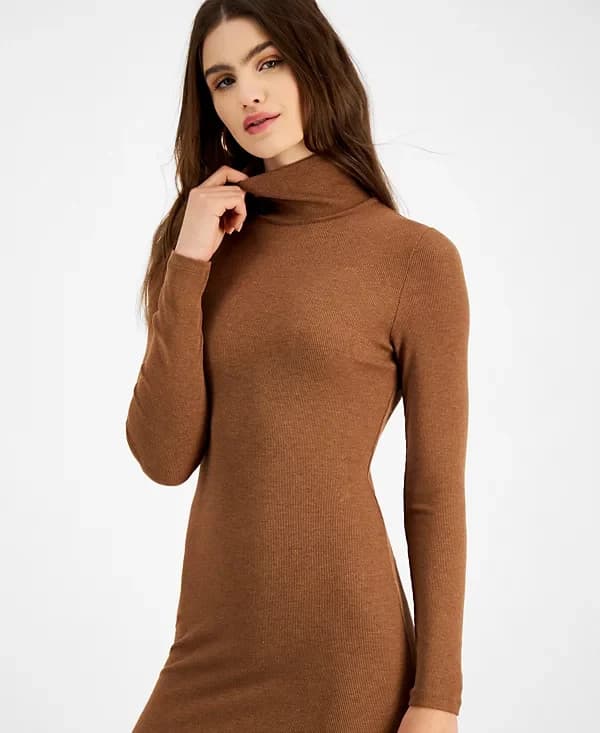 LNA Ribbed Knit Turtleneck Midi Sweater Dress Long Sleeve Rayon Blend Brown Sz.L - Thumbnail 3