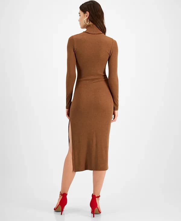 LNA Ribbed Knit Turtleneck Midi Sweater Dress Long Sleeve Rayon Blend Brown Sz.L - Thumbnail 6