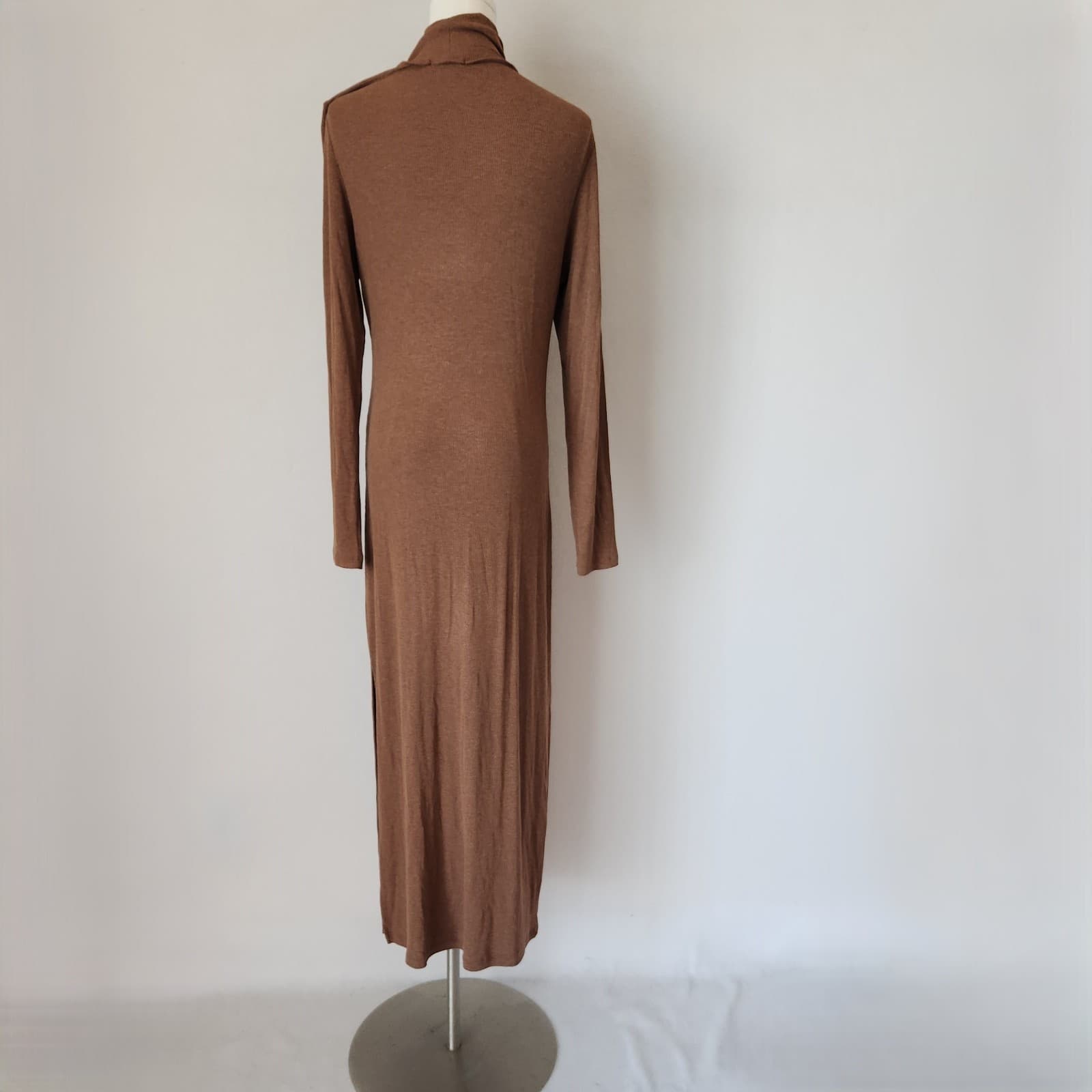 LNA Ribbed Knit Turtleneck Midi Sweater Dress Long Sleeve Rayon Blend Brown Sz.L - Thumbnail 7
