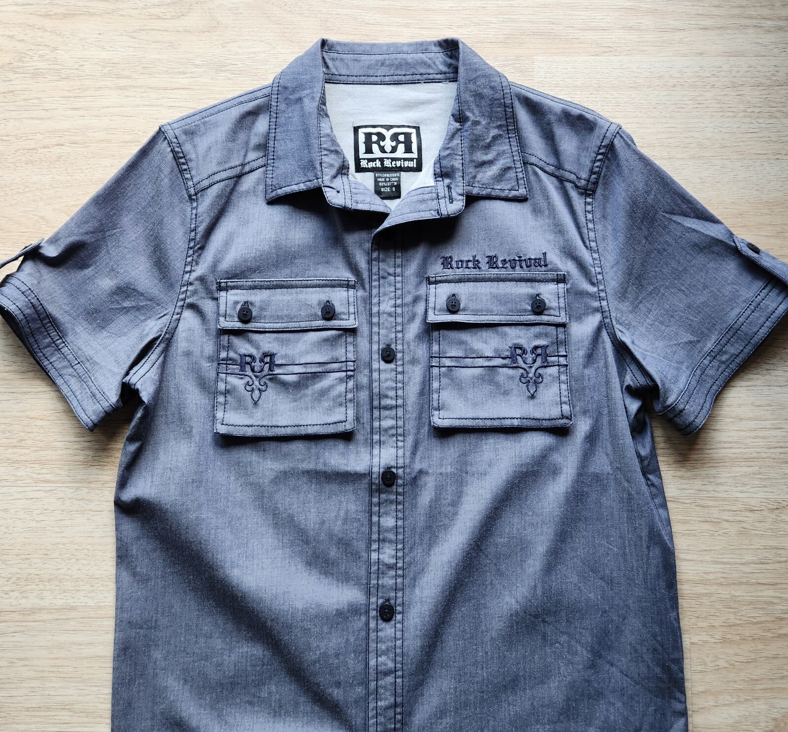 Rock Revival Embroidered Button-Up Shirt Short Sleeve Stretch Blue Grey Men's S - Thumbnail 2