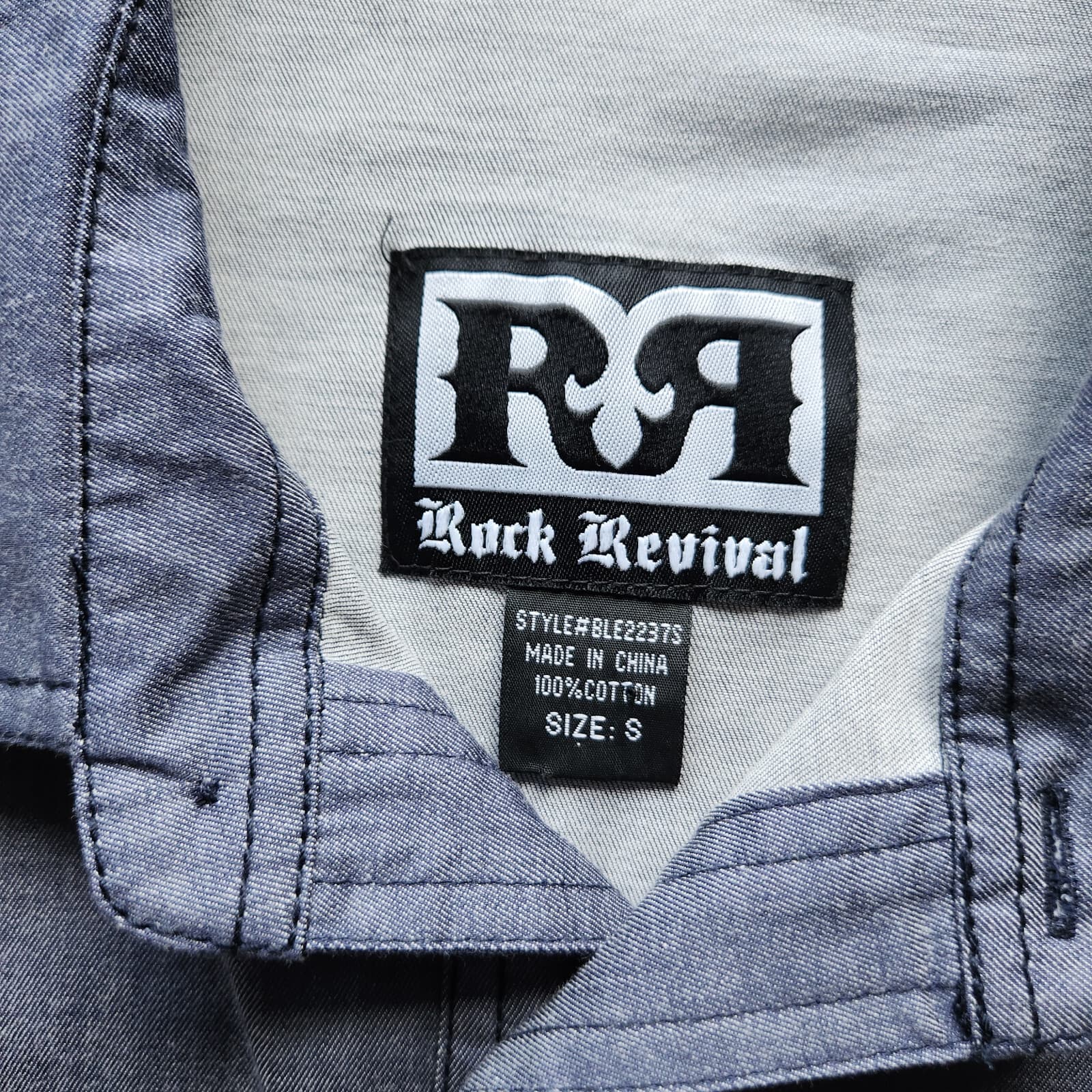 Rock Revival Embroidered Button-Up Shirt Short Sleeve Stretch Blue Grey Men's S - Thumbnail 8