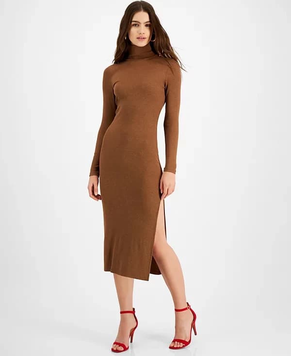 LNA Ribbed Knit Turtleneck Midi Sweater Dress Long Sleeve Rayon Blend Brown Sz.L - Thumbnail 5