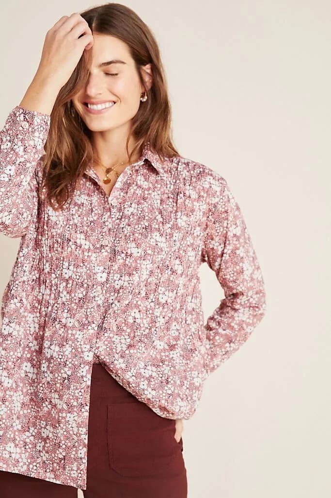 Pilcro And The Letterpress Anthro Sasha Boyfriend Shirt Liberty Floral Pink Sz.M - Thumbnail 2