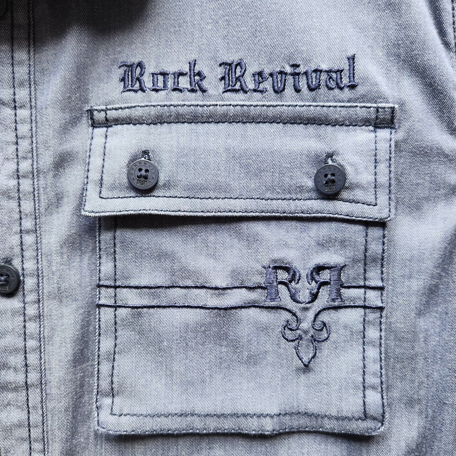 Rock Revival Embroidered Button-Up Shirt Short Sleeve Stretch Blue Grey Men's S - Thumbnail 5