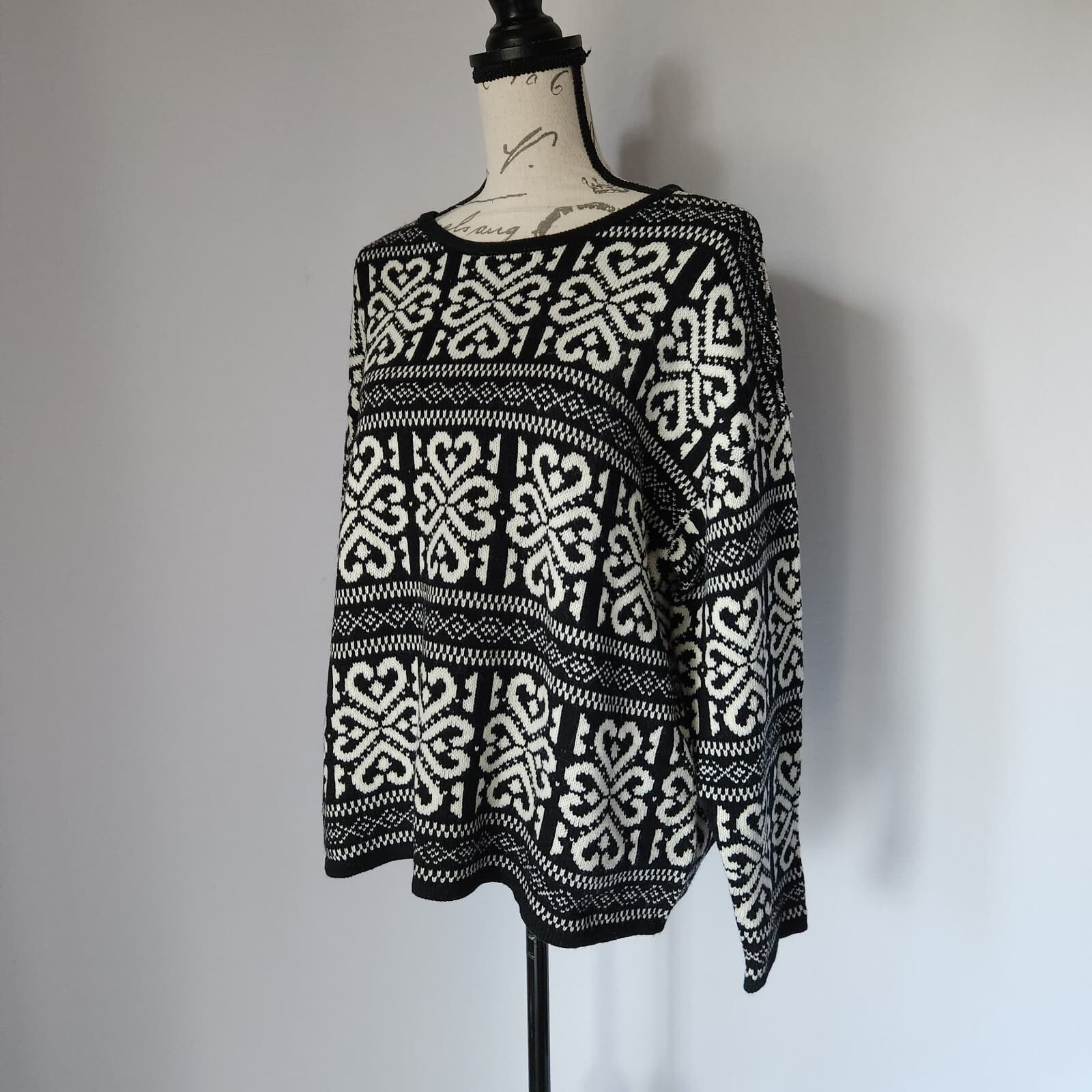 J.Jill Fair Isle Heart Wool Blend Sweater Crew Neck Black White Women Petite L - Thumbnail 2