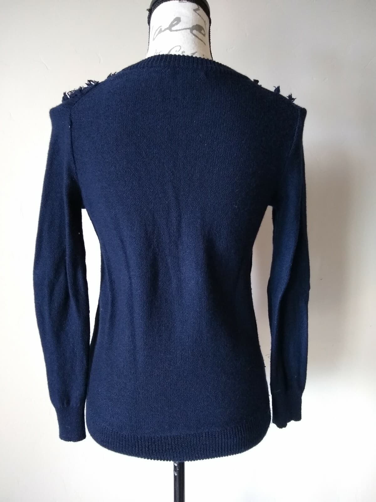 J.Crew 100% Merino Wool Cable Knit Fringe Sweater Pullover Crew Neck Blue Sz.S - Thumbnail 6