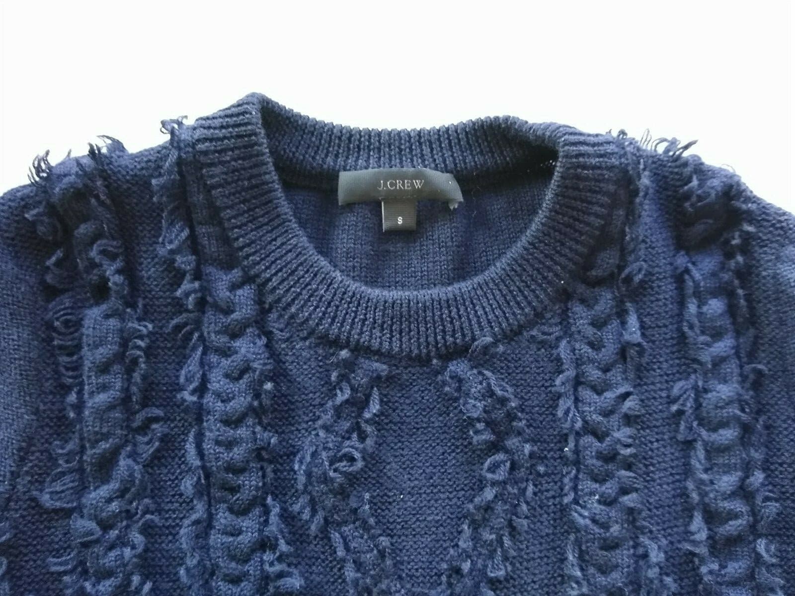 J.Crew 100% Merino Wool Cable Knit Fringe Sweater Pullover Crew Neck Blue Sz.S - Thumbnail 2