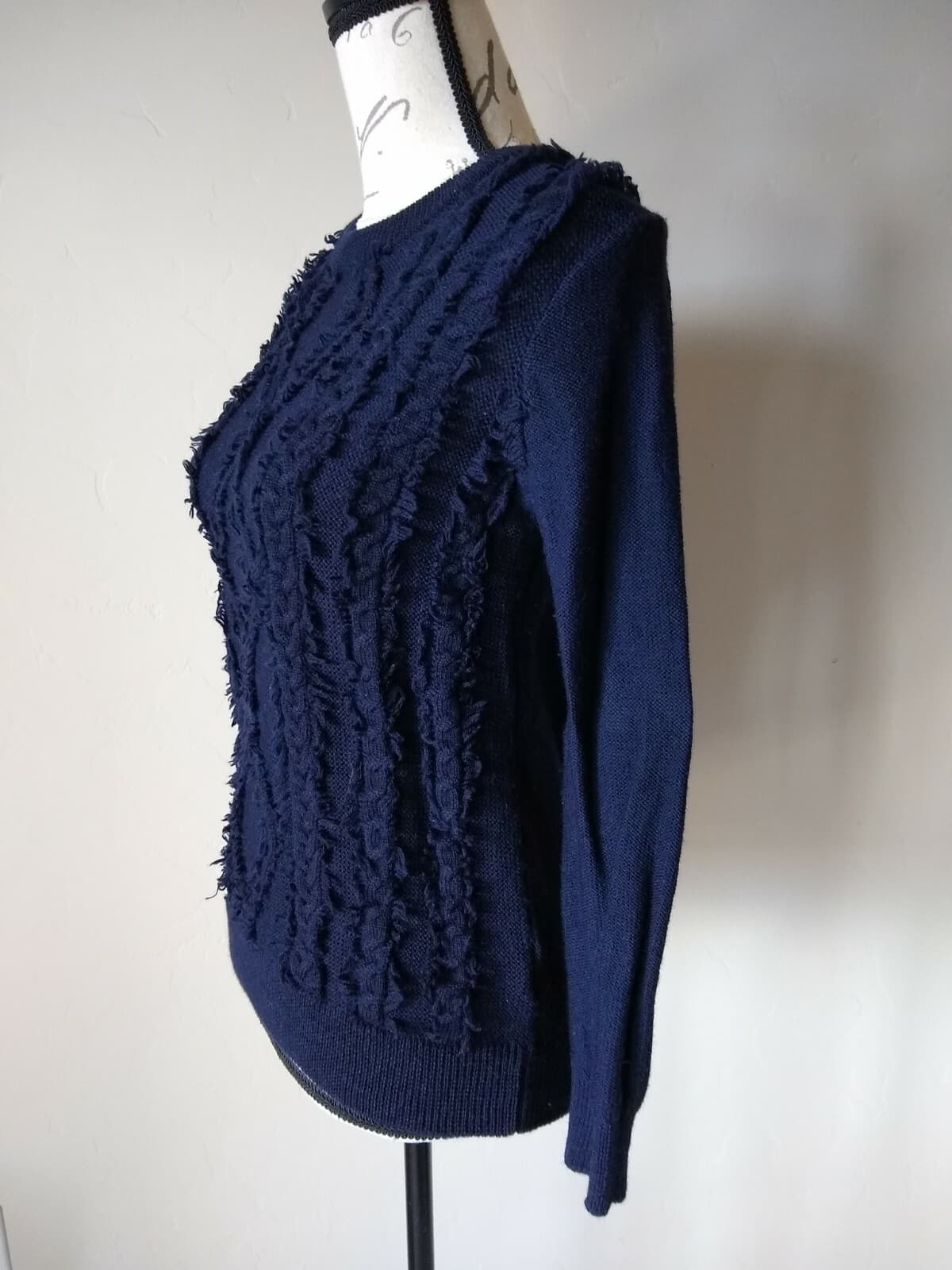 J.Crew 100% Merino Wool Cable Knit Fringe Sweater Pullover Crew Neck Blue Sz.S - Thumbnail 5