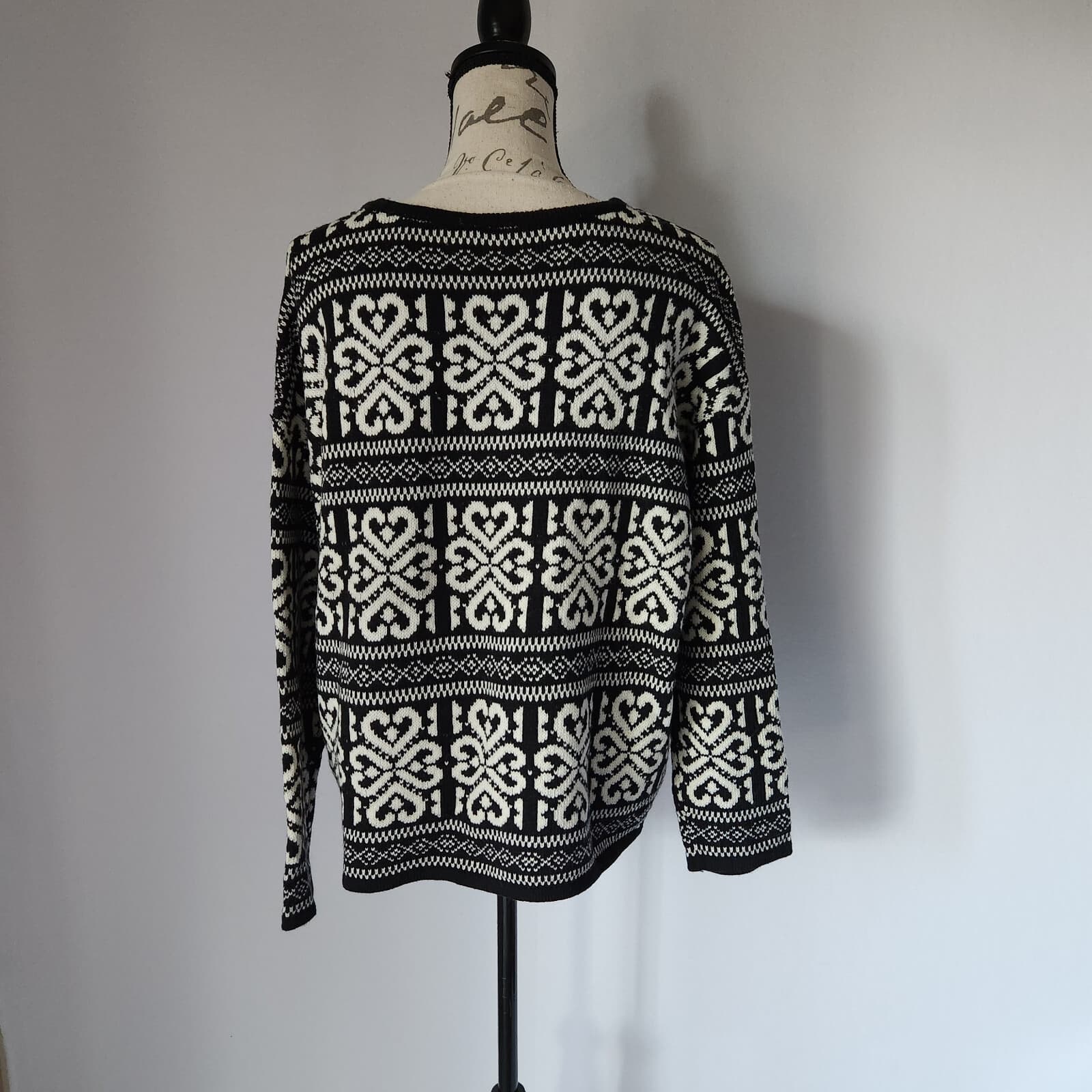 J.Jill Fair Isle Heart Wool Blend Sweater Crew Neck Black White Women Petite L - Thumbnail 6
