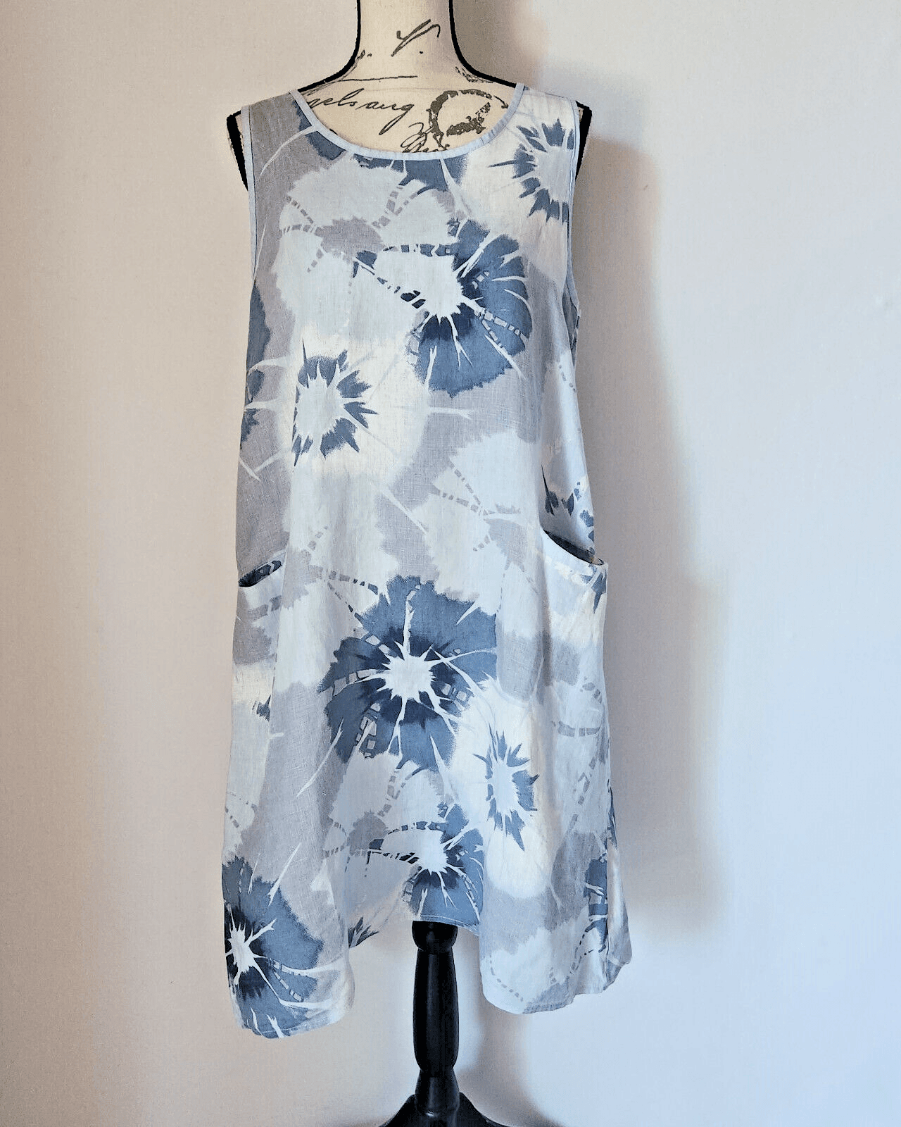 VASNA Made in Italy Linen Floral Lagenlook Shift Dress Sleeveless Blue Sz.M - Thumbnail 2