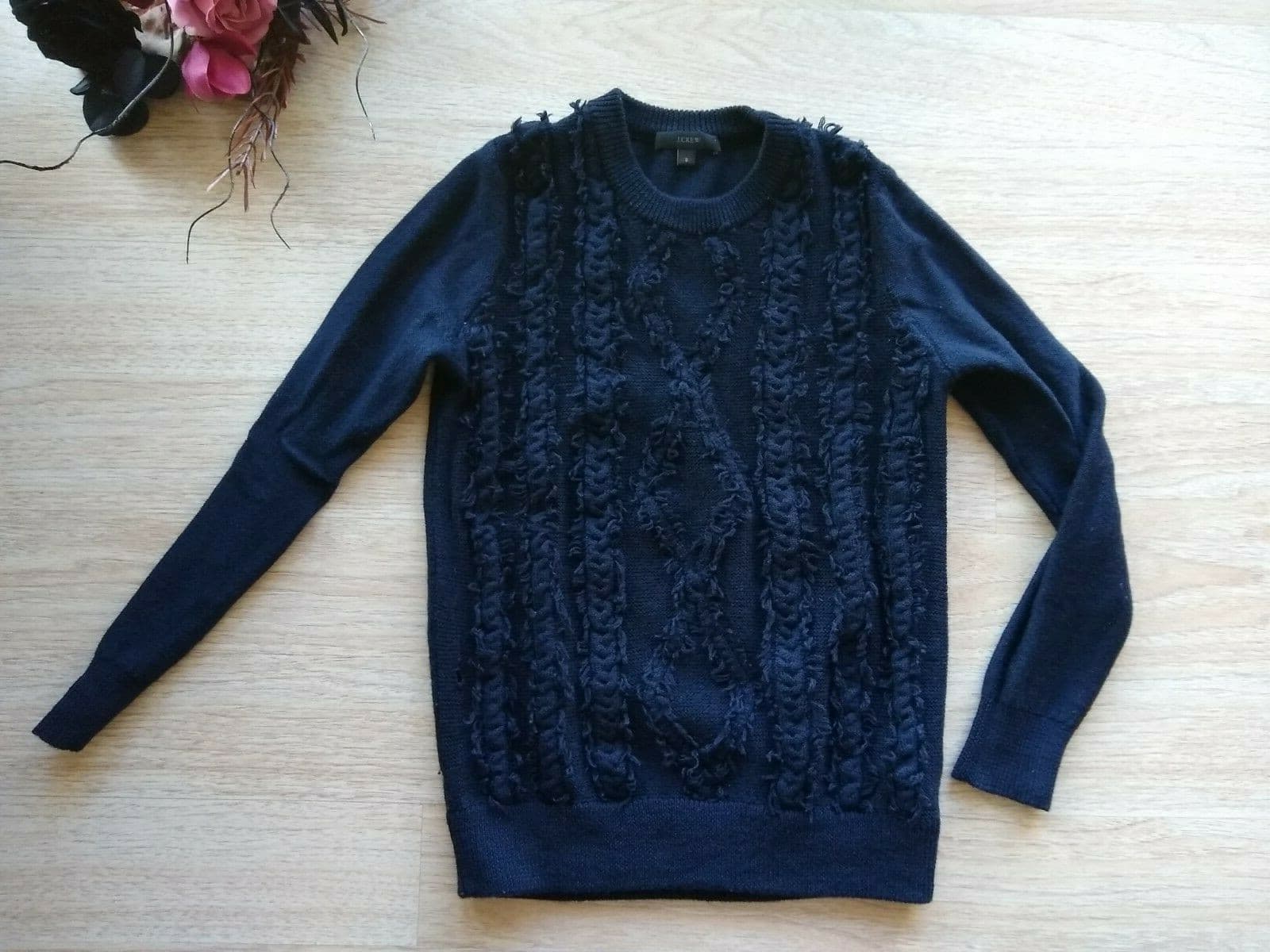 J.Crew 100% Merino Wool Cable Knit Fringe Sweater Pullover Crew Neck Blue Sz.S - Thumbnail 4