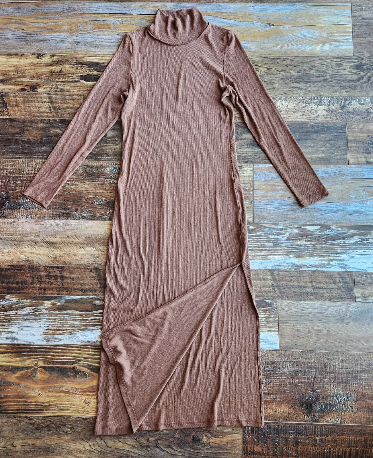 LNA Ribbed Knit Turtleneck Midi Sweater Dress Long Sleeve Rayon Blend Brown Sz.L - Thumbnail 8