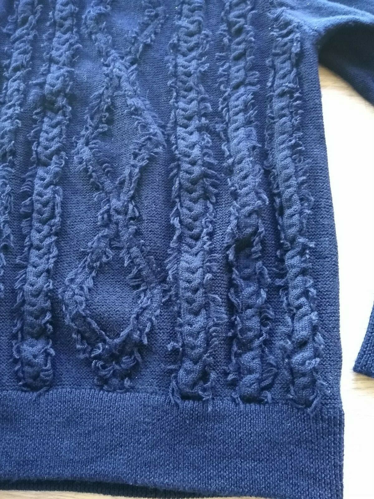 J.Crew 100% Merino Wool Cable Knit Fringe Sweater Pullover Crew Neck Blue Sz.S - Thumbnail 7