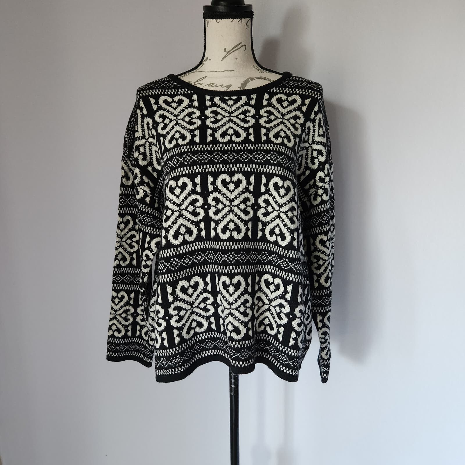 J.Jill Fair Isle Heart Wool Blend Sweater Crew Neck Black White Women Petite L - Thumbnail 3
