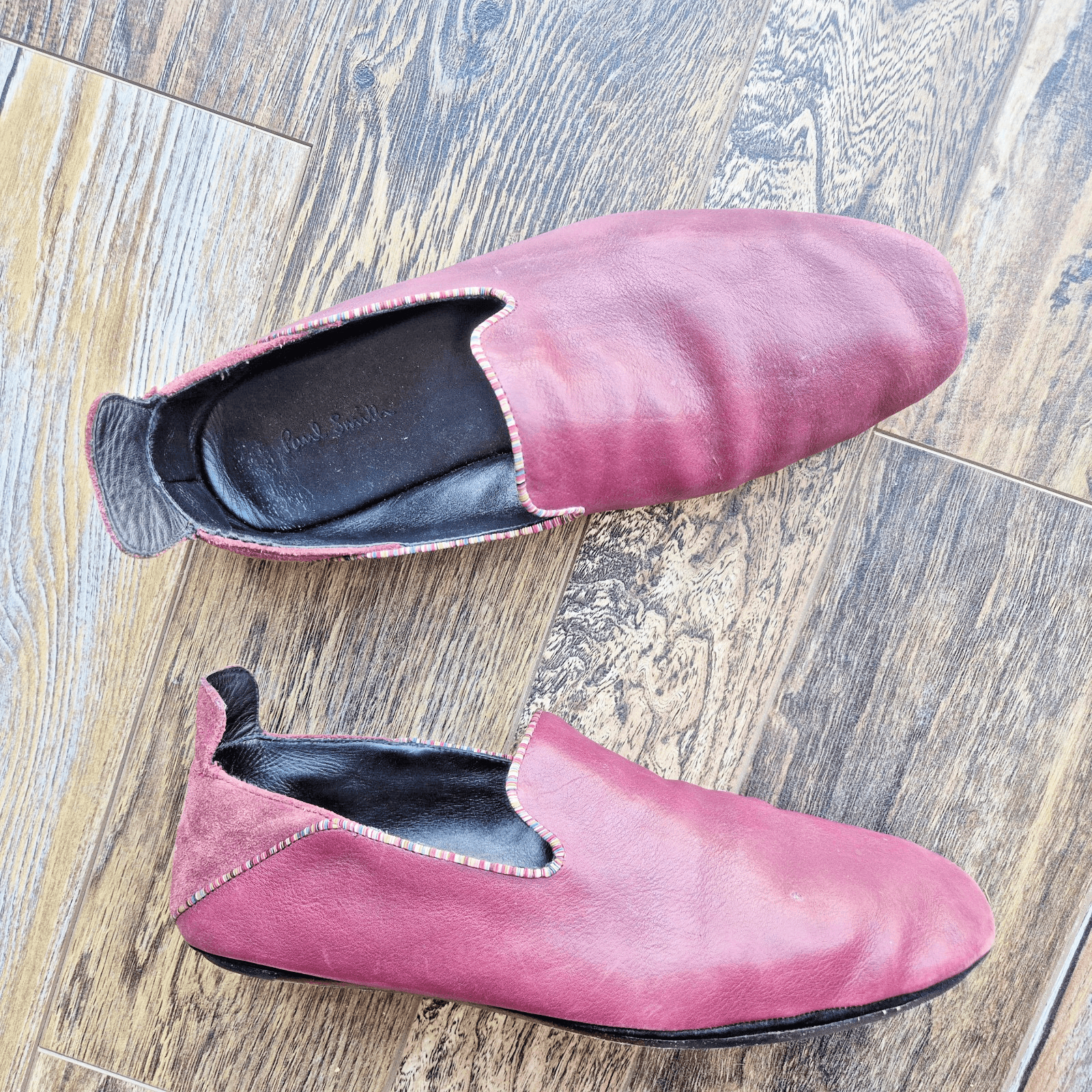 Paul Smith Burgundy Leather Slip-On Loafers Multi-Color Striped Trim Men's US8 - Thumbnail 2