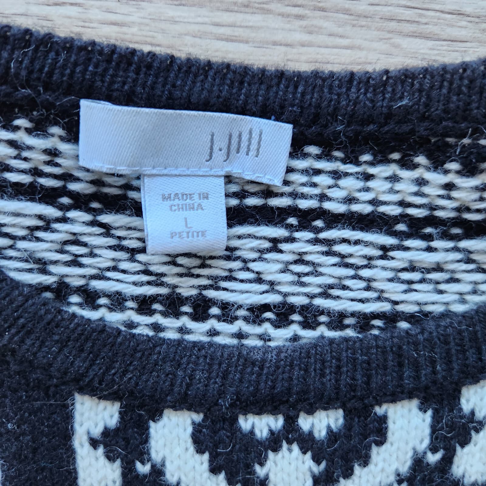 J.Jill Fair Isle Heart Wool Blend Sweater Crew Neck Black White Women Petite L - Thumbnail 7