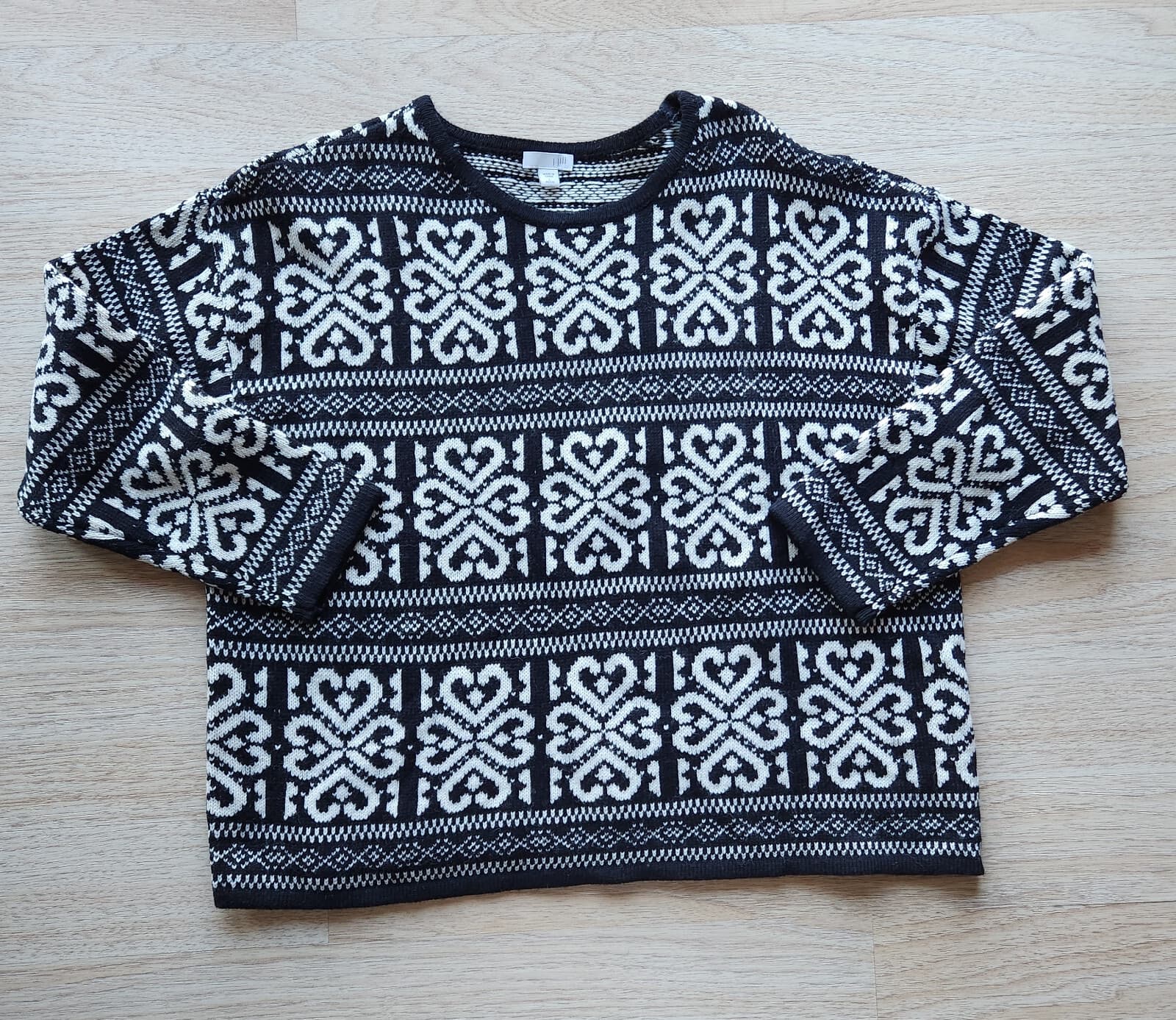 J.Jill Fair Isle Heart Wool Blend Sweater Crew Neck Black White Women Petite L - Thumbnail 4