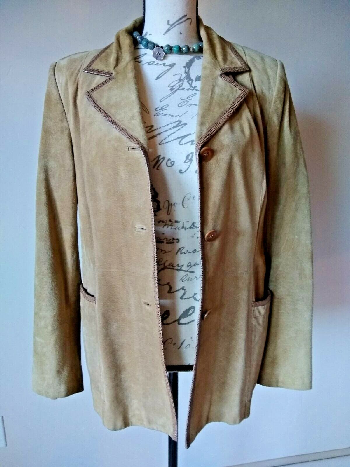 CLASSIQUES ENTIER Genuine Suede Leather Jacket Button Lined Khaki Sz.L - Thumbnail 4