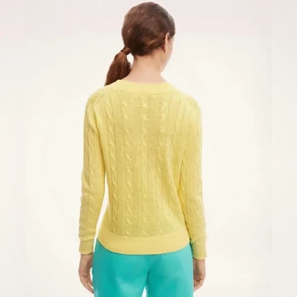 Brooks Brothers Italian Linen Cable Knit Jumper Sweater V-Neck Yellow Women's L - Thumbnail 7