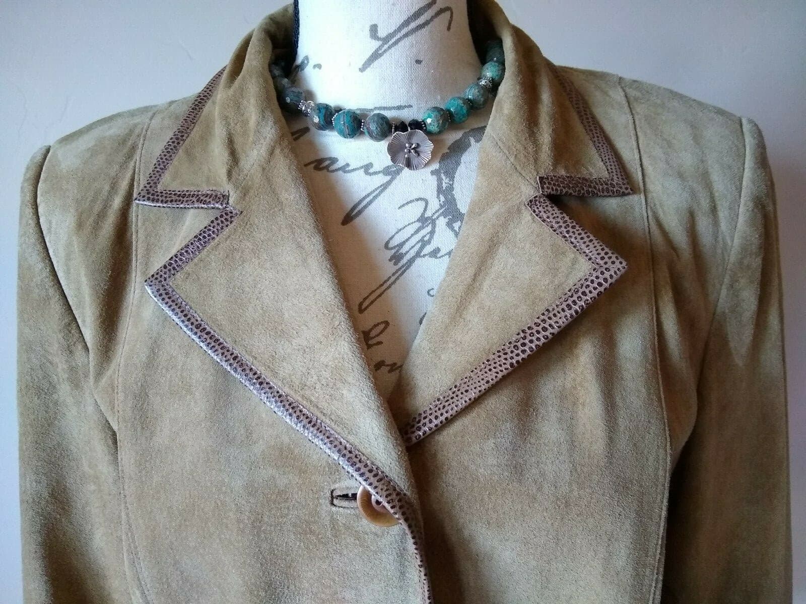 CLASSIQUES ENTIER Genuine Suede Leather Jacket Button Lined Khaki Sz.L - Thumbnail 3