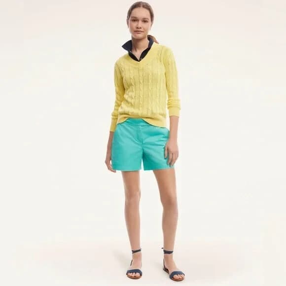 Brooks Brothers Italian Linen Cable Knit Jumper Sweater V-Neck Yellow Women's L - Thumbnail 2