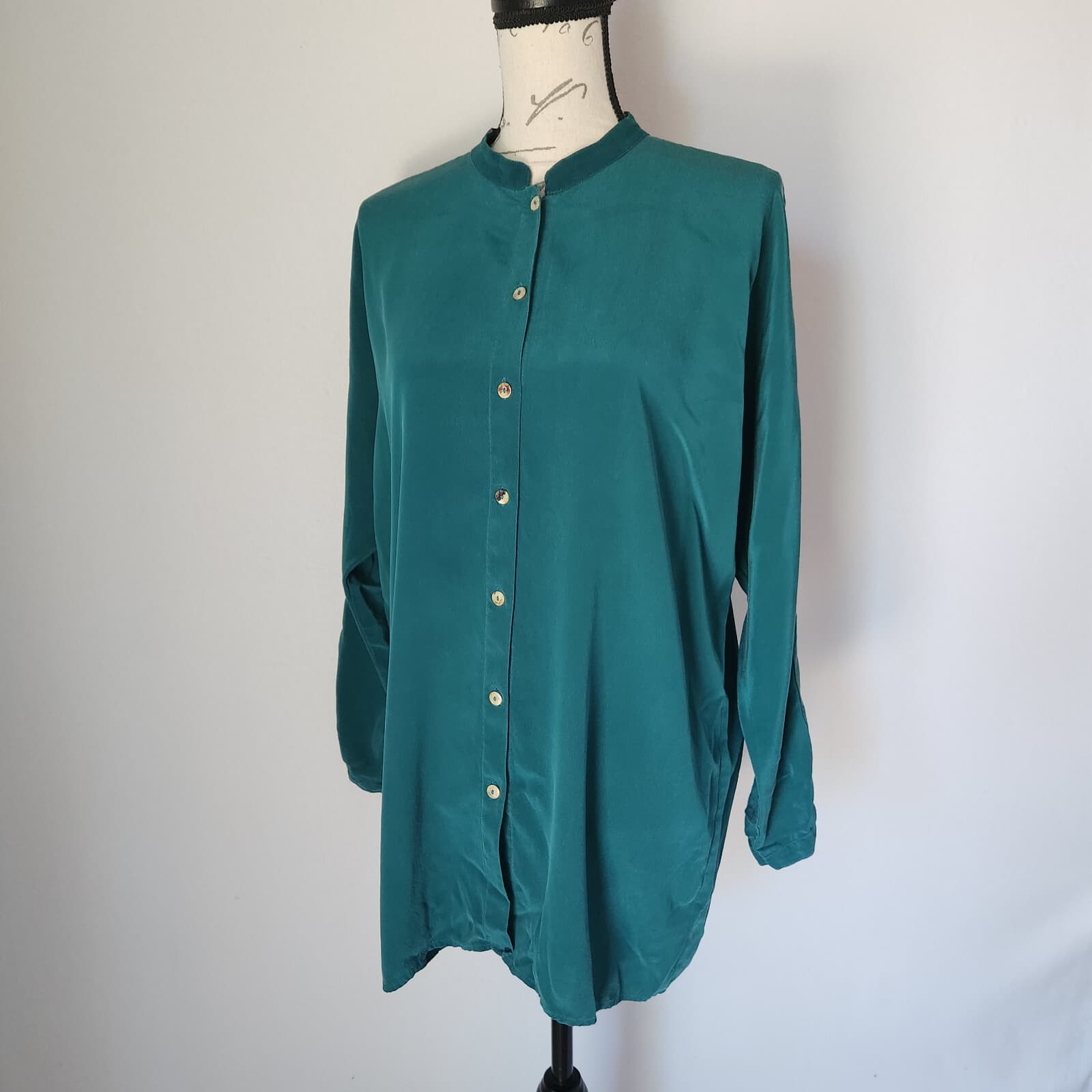 Citron Santa Monica 100% Silk Tunic Shirt Button Mandarin Neck Green Women's S - Thumbnail 2