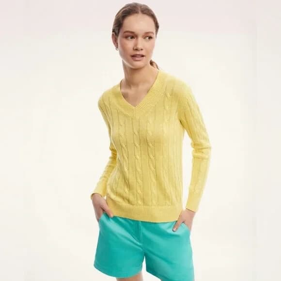 Brooks Brothers Italian Linen Cable Knit Jumper Sweater V-Neck Yellow Women's L - Thumbnail 4