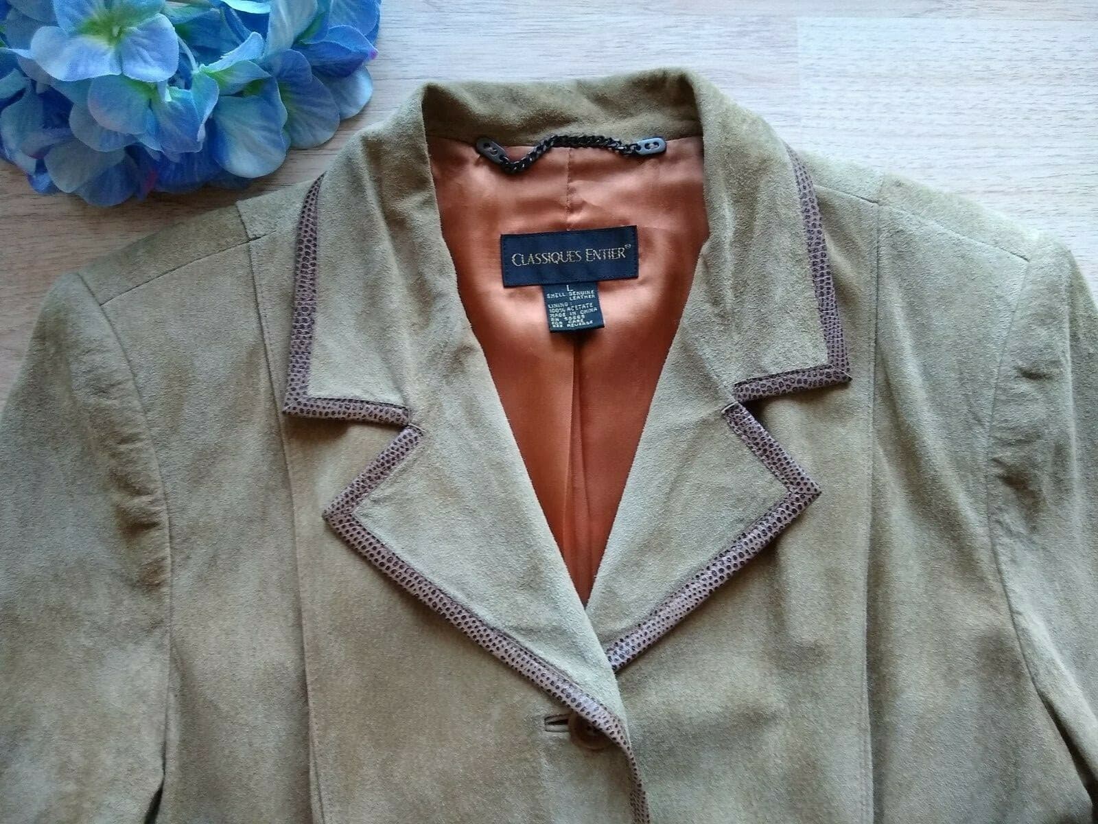 CLASSIQUES ENTIER Genuine Suede Leather Jacket Button Lined Khaki Sz.L - Thumbnail 10