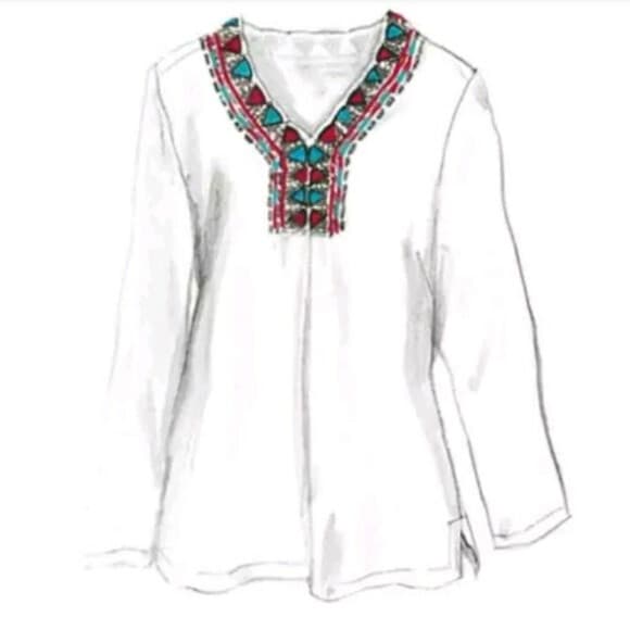 J.Peterman Bead Embellish Tunic Popover Top Long Sleeve Lined Cotton White Sz.XS - Thumbnail 2