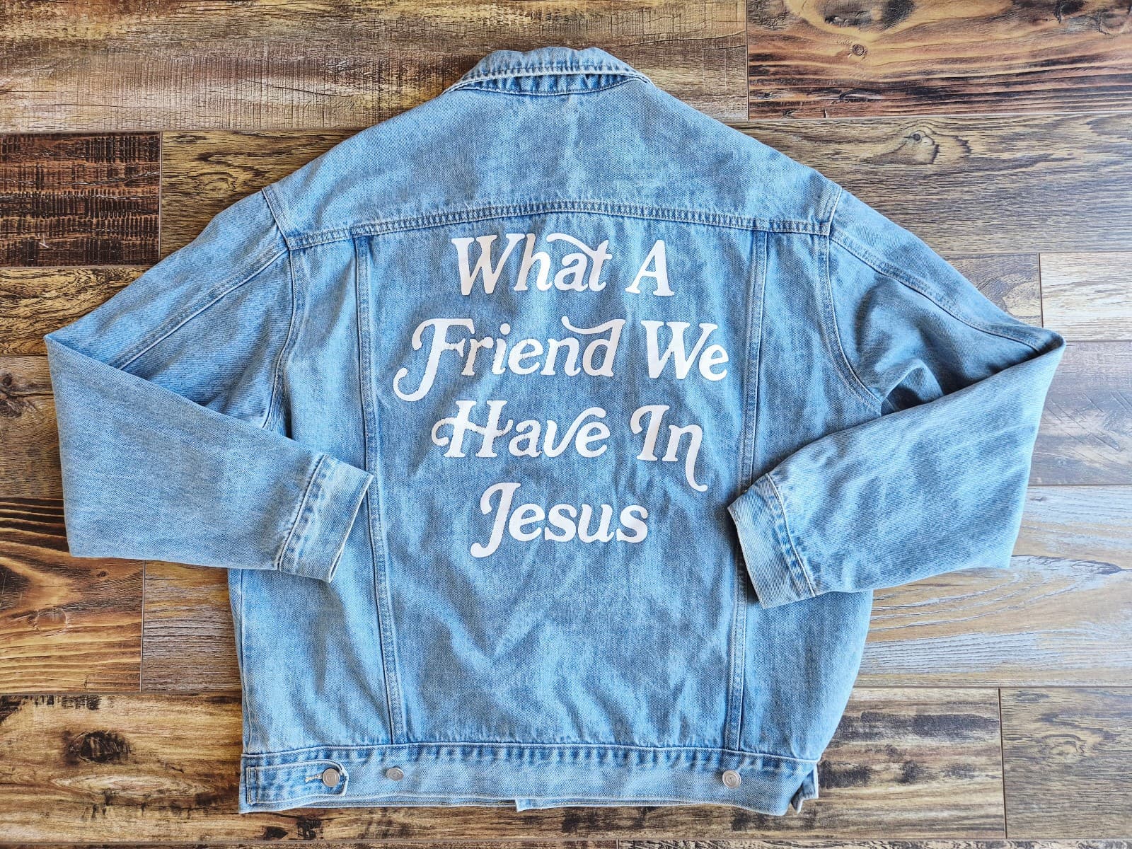 Elevated Faith What a Friend We Have In Jesus Denim Jacket Blue Oversize Size XL - Thumbnail 5