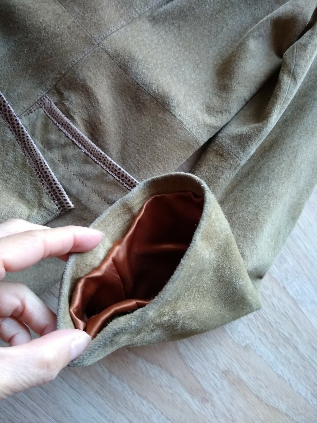 CLASSIQUES ENTIER Genuine Suede Leather Jacket Button Lined Khaki Sz.L - Thumbnail 9