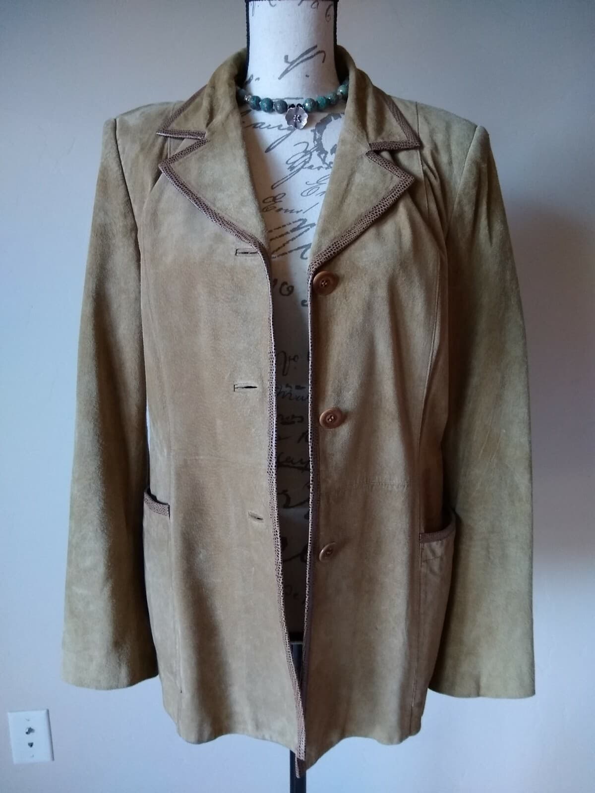 CLASSIQUES ENTIER Genuine Suede Leather Jacket Button Lined Khaki Sz.L - Thumbnail 5