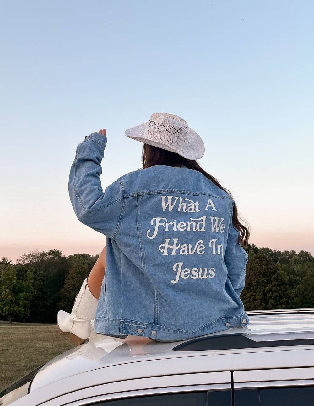 Elevated Faith What a Friend We Have In Jesus Denim Jacket Blue Oversize Size XL - Thumbnail 2