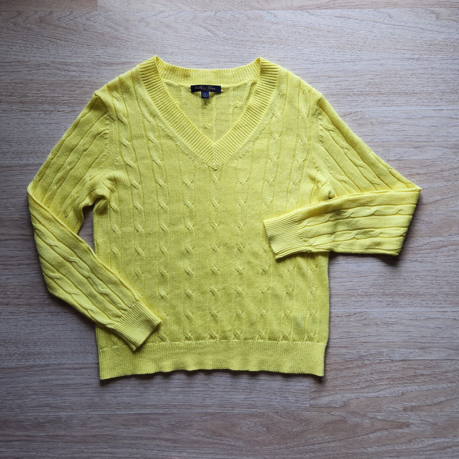 Brooks Brothers Italian Linen Cable Knit Jumper Sweater V-Neck Yellow Women's L - Thumbnail 5