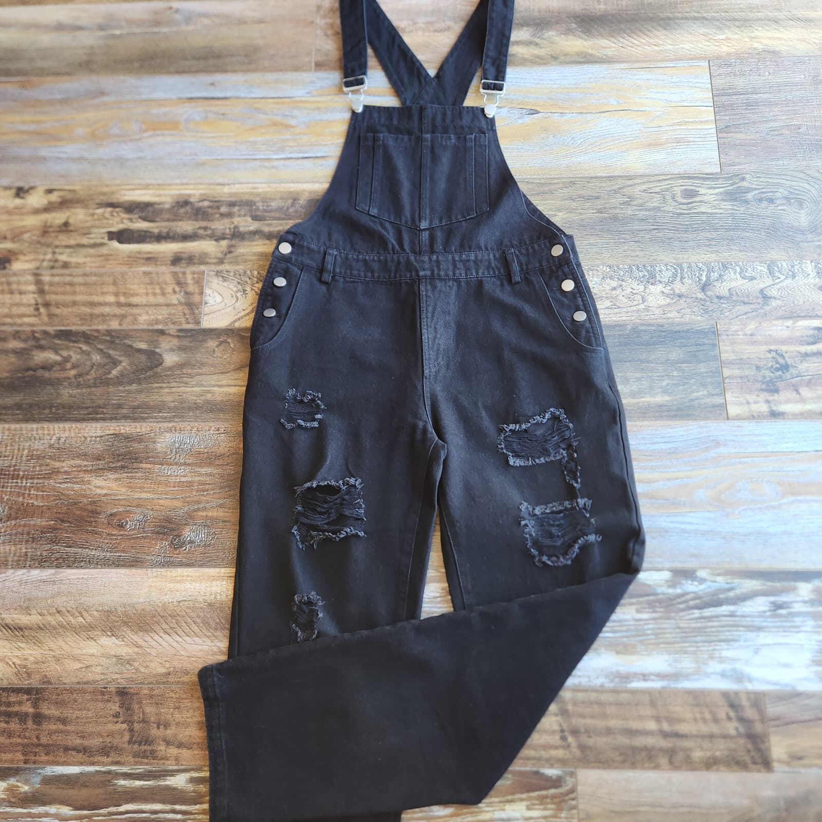 12th Tribe Runaway Girl Distressed Denim Overalls Black Cotton Blend Women's M - Thumbnail 8