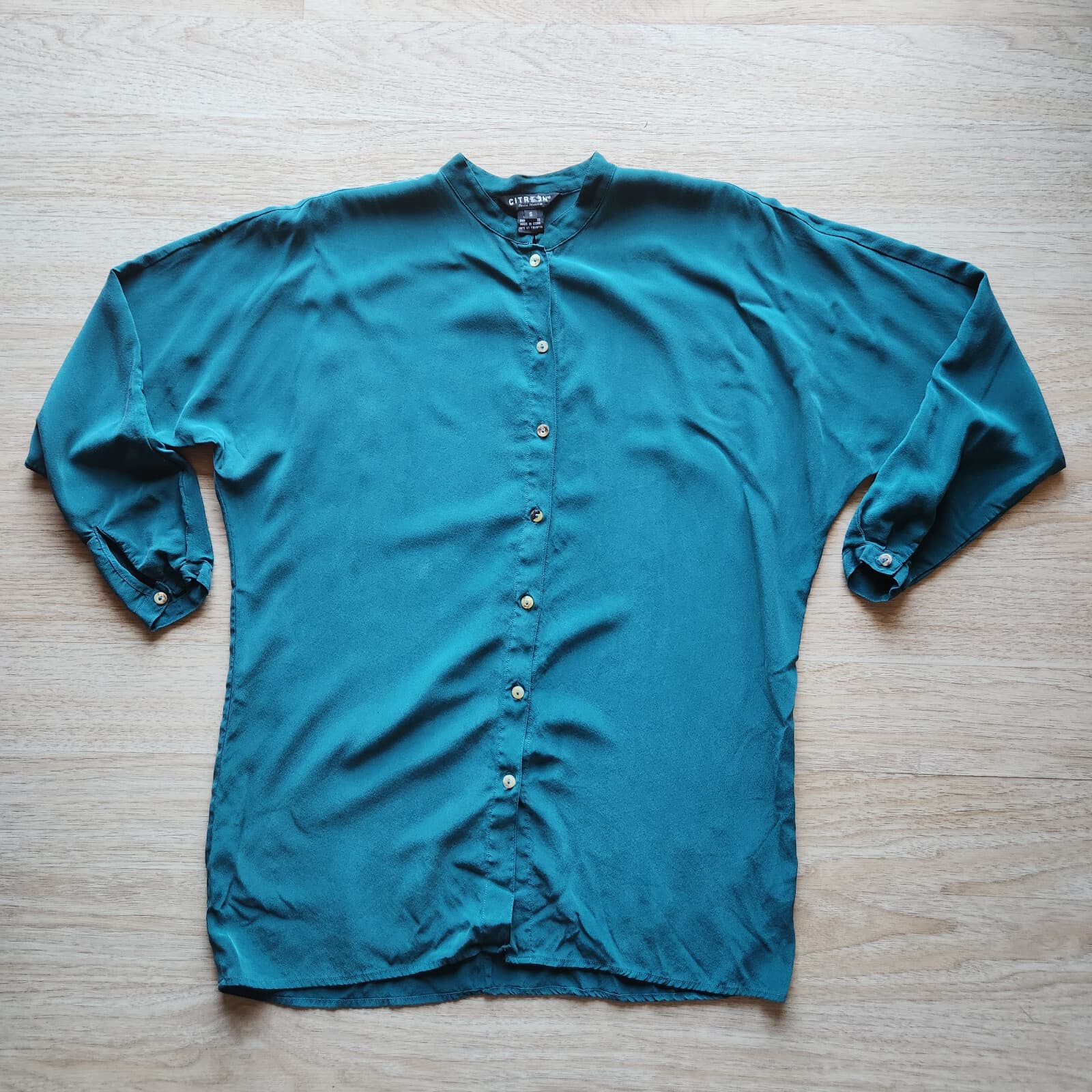 Citron Santa Monica 100% Silk Tunic Shirt Button Mandarin Neck Green Women's S - Thumbnail 5